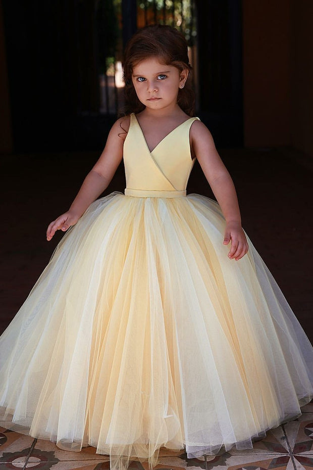 yellow-v-neckline-tulle-flower-girl-dress-kids-communion-dresses