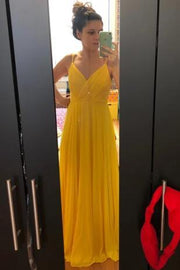 Long Chiffon Yellow Prom Dresses with Double Straps